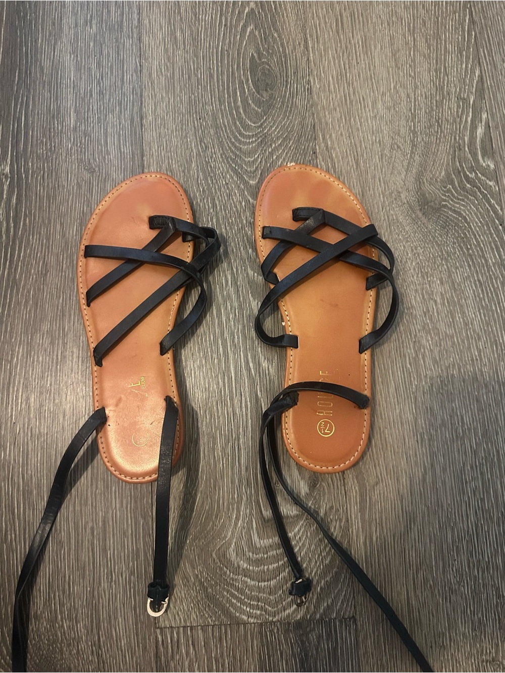 Women’s Black Strappy Lace-Up Flat Sandals with Tan Footbed
